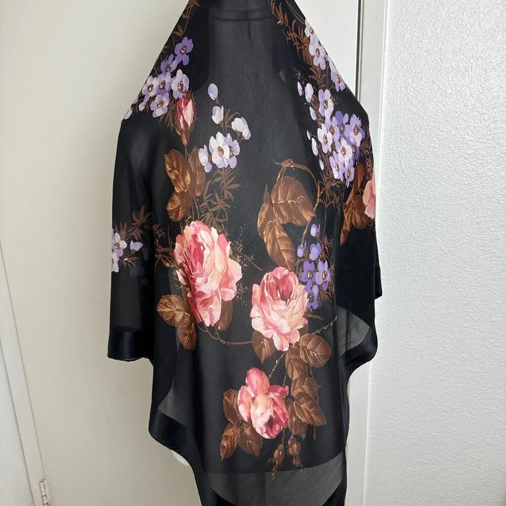 Vintage Silk Scarf Black Floral 34